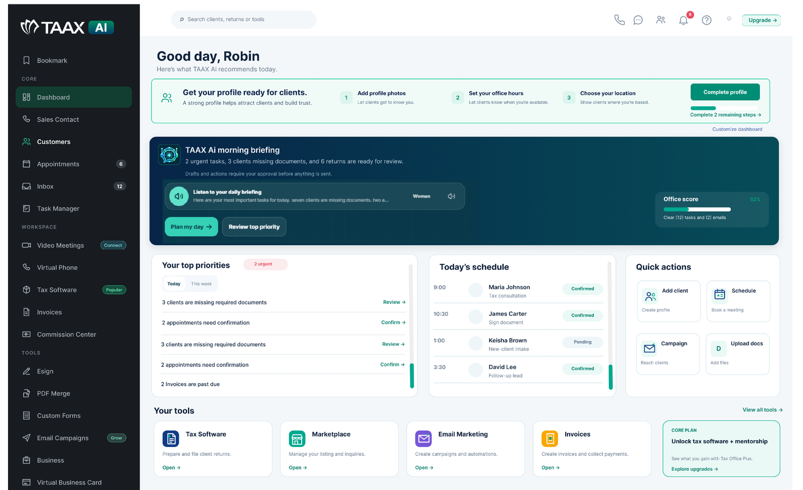 TAAX Ai office dashboard with priorities, appointments and office tools