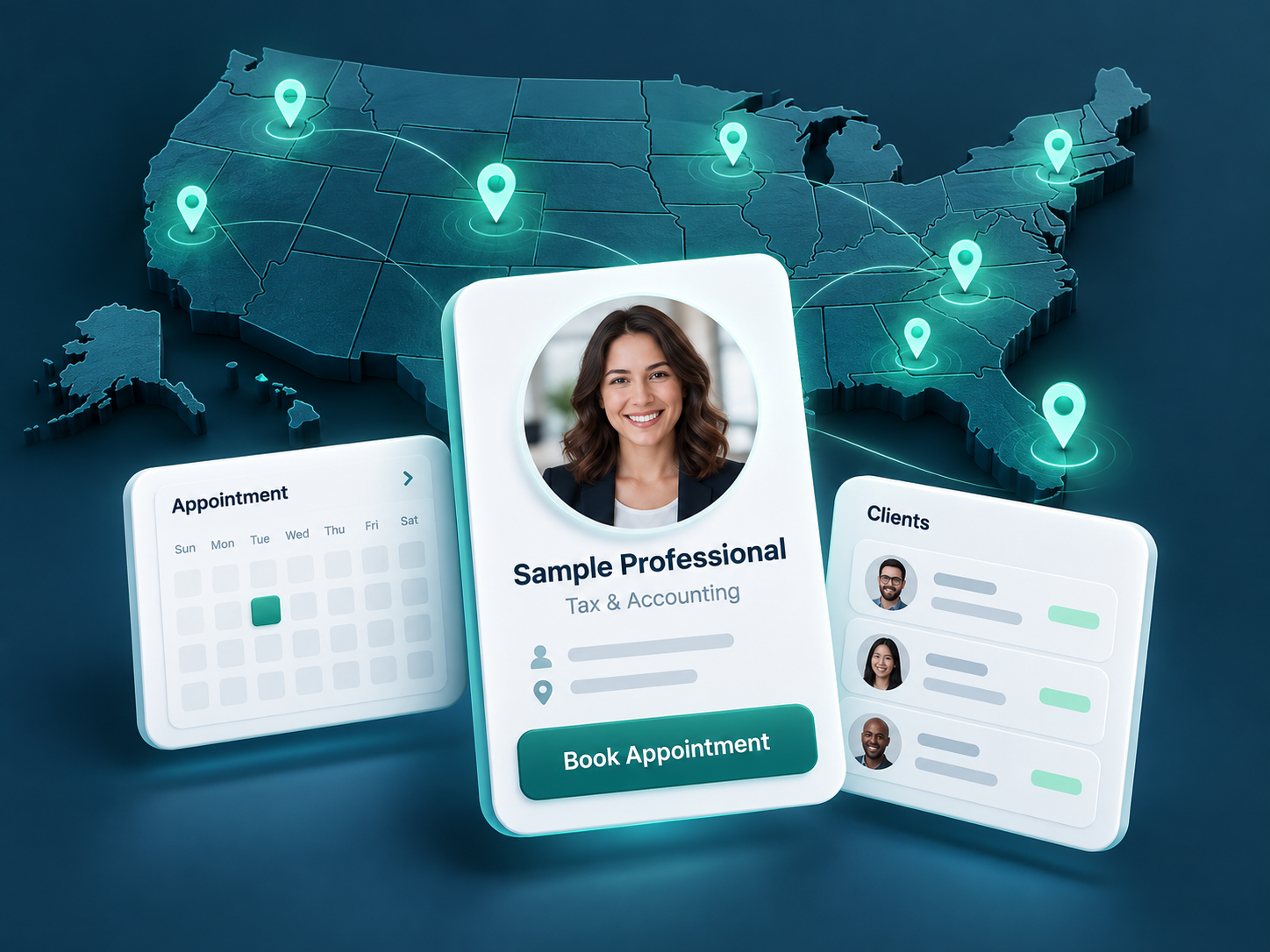 Illustration of nationwide professional discovery with a sample profile, appointment calendar and client manager
